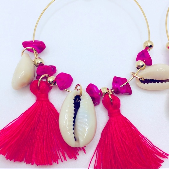 EARRINGS BOHO TASSELS DEEP PINK, purple stones! - Picture 2 of 9